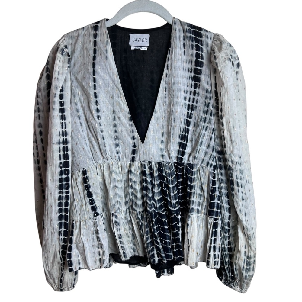SAYLOR Uma Black & Gold Lurex Tie-Dye Cotton Top Size XS
